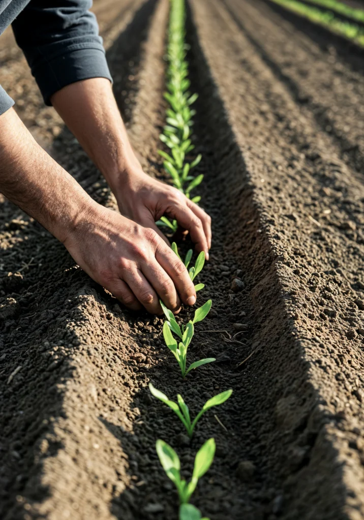 manos plantando plantulas en un campo