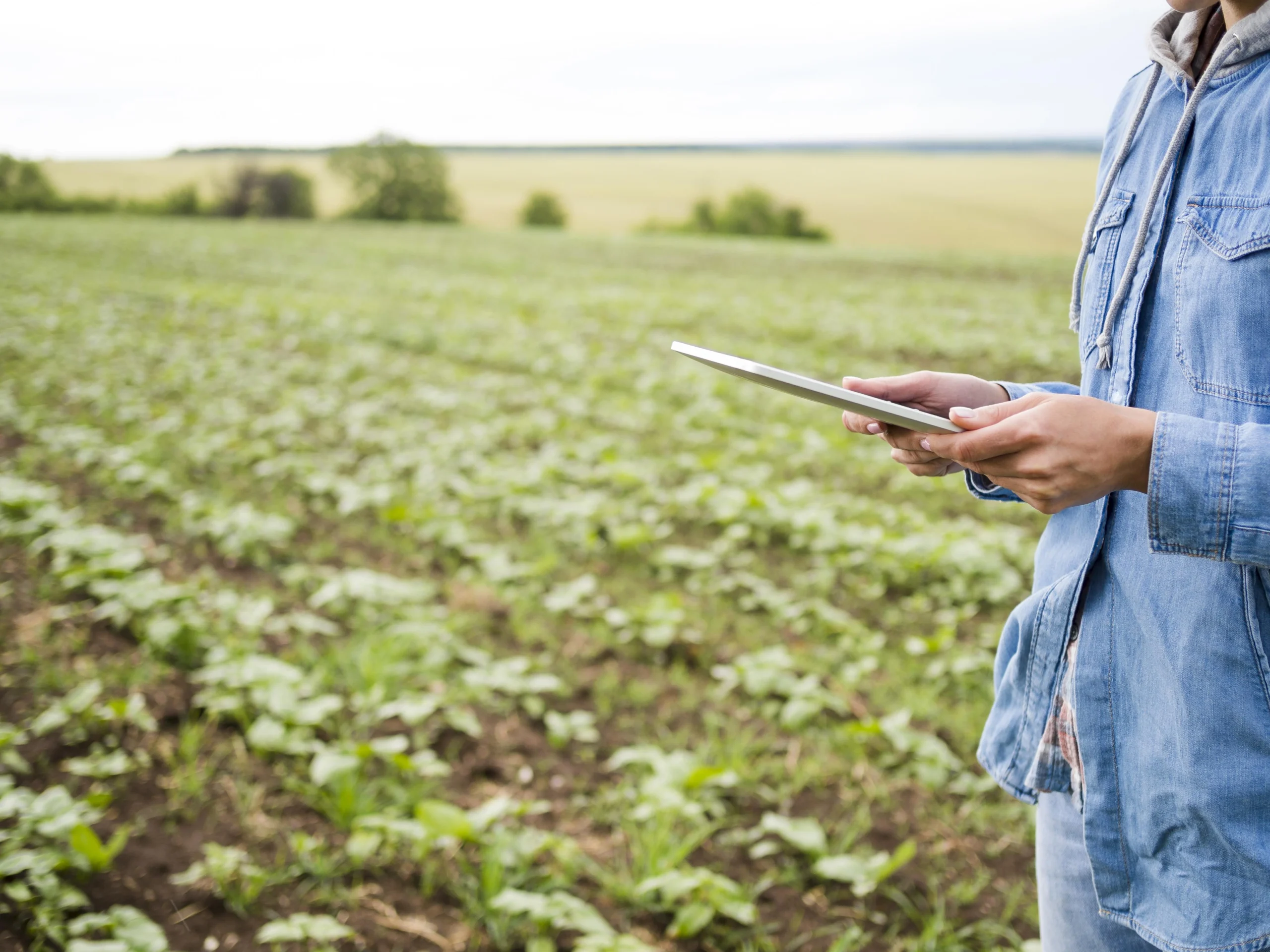 mujer sosteniendo una tableta junto un campo agricola con espacio de copia